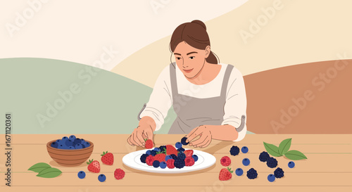 Woman Arranging Berries on Plate, Illustrating Culinary Preparation in Kitchen Setting