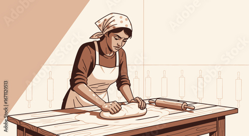 Woman Baking Dough, Creating Classic Baked Goods, Traditional Food Preparation Skill