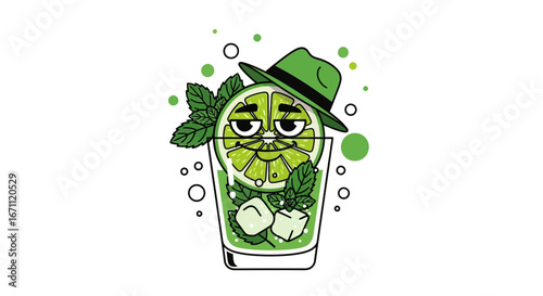 Stylish Mojito Cartoon Illustration Depicting Citrus Slice and Fresh Mint Concept