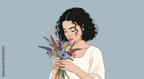 Animated Woman with Curly Hair Holding a Colorful Bouquet.