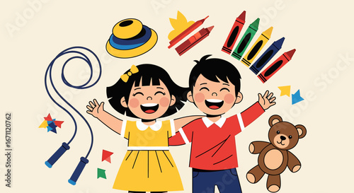 Cheerful cartoon boy and girl waving happily, surrounded by colorful crayons, a jump rope, and a teddy bear.