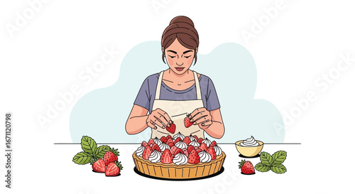 Woman Carefully Arranging Fresh Strawberries on a Deliciously Baked Tart