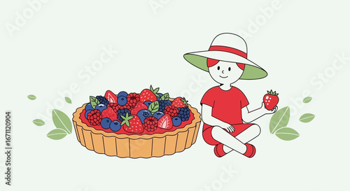 Summer Picnic Illustration Featuring a Child with a Fruit Tart and Fresh Berries