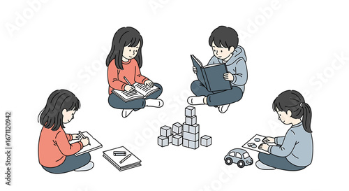 Diverse Children Engaged in Reading and Creative Play Activities.