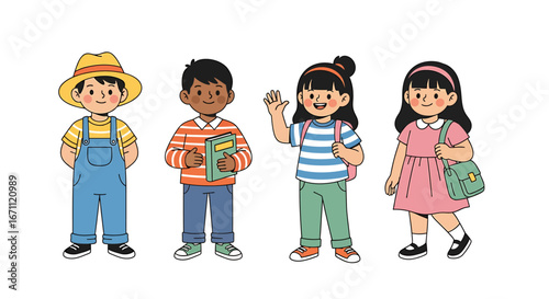 Diverse Group of Cartoon Children Standing Together, Wearing Casual Clothes.
