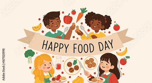 Diverse children joyfully celebrating Happy Food Day with healthy meals and fruits.