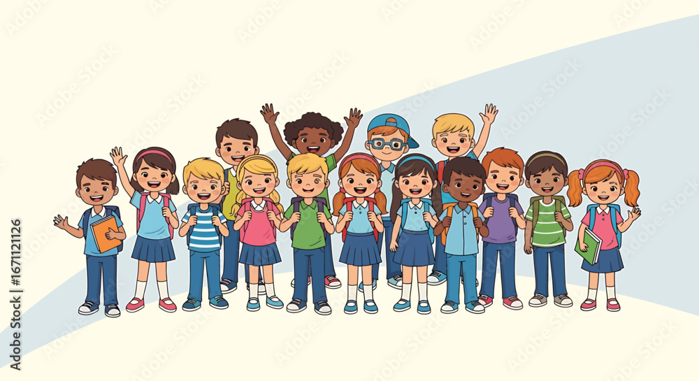 Fototapeta premium Diverse Group of Happy Cartoon Children, Smiling and Waving.