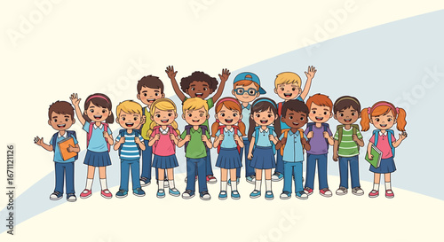 Diverse Group of Happy Cartoon Children, Smiling and Waving.