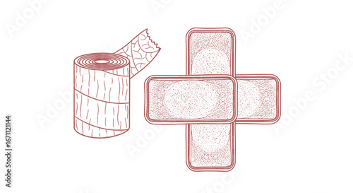 Drawn vintage illustration of a bandage roll and cross shaped band aids vector graphic