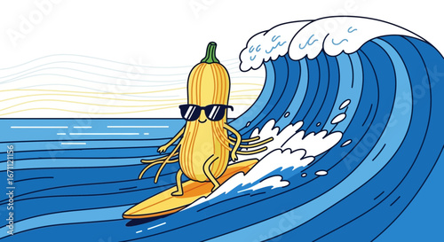 Surfing Squash Rides A Massive Wave With Cool Sunglasses, Embracing Summer Fun