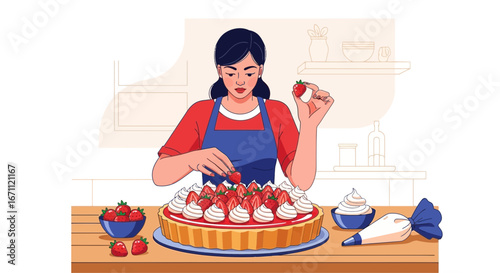 Woman Decorating Strawberry Tart with Whipped Cream in a Warm Kitchen Setting