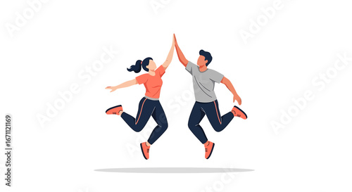 Energetic Couple in Athletic Wear Celebrating with a High Five Jump.