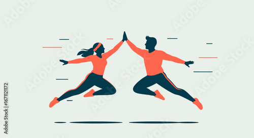 Dynamic Couple High-Fiving in Mid-Air Jump.