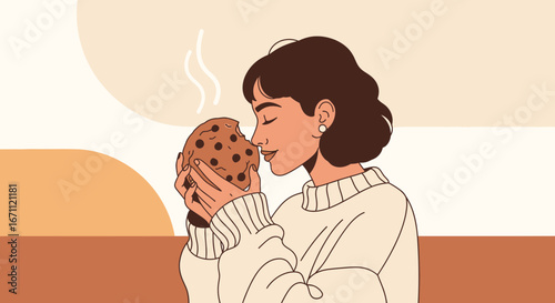 Woman Delighted To Smell Freshly Baked Cookie With Warm Sensations And Joyful Aroma
