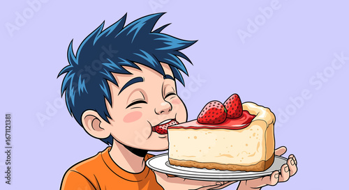 Happy boy licking delicious strawberry cheesecake slice from a white plate.