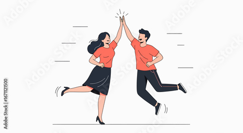 Joyful cartoon man and woman high-fiving, celebrating success with happy expressions and dynamic pose.