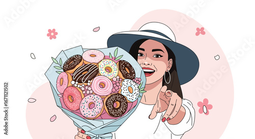 Sweet Surprise: Delightful Woman Offers Donut Bouquet Suggesting a Special Treat
