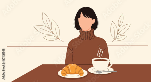 Woman Enjoying Breakfast With Coffee And Croissant In Simple Minimalist Design Illustration