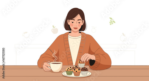 Woman Enjoying Coffee And Delicious Muffins In A Calm And Relaxing Scene