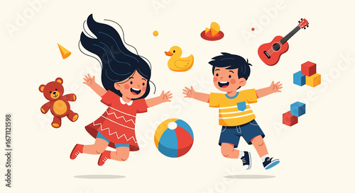 Joyful Children Playing with Toys - Cartoon Girl with Long Hair and Boy Jumping.