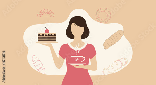 Sweet Treats Served By a Stylish Woman, Coffee Breaks, Culinary Delight Illustration
