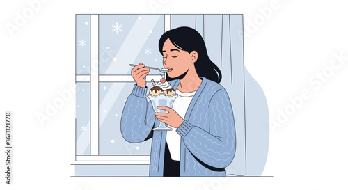 Woman Enjoying Dessert While Looking Out Of A Window On A Winter Day Illustration