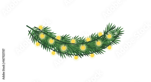 Festive fir branch adorned with glowing spherical lights in whimsical design