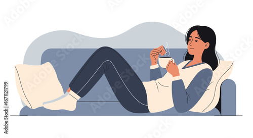 Taking A Relaxing Moment On The Sofa With A Drink And Snack, Cozy And Serene