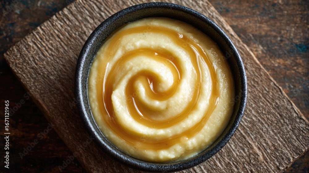 Fototapeta premium Creamy, swirled, light yellow food in dark bowl on wooden board