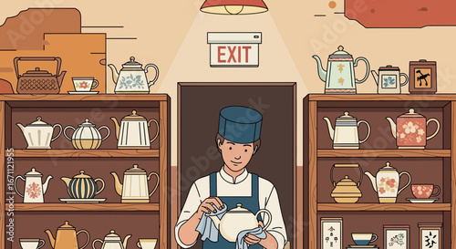 Tea Artisan Prepares Collection For Service In Serene And Inviting Tea Room Atmosphere
