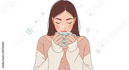 Woman Enjoying Her Warm Beverage During Winter Season In A Cozy And Comforting Setting