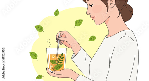 Woman Enjoying Herbal Beverage Infusion: A Soothing Moment of Tea Preparation