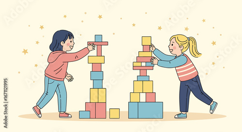 Two young girls happily building colorful block towers, engaged in creative play, hand-drawn illustration.