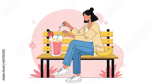 Woman Enjoying Refreshing Smoothie While Relaxing On Park Bench On Sunny Afternoon