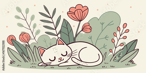 Cute cat resting in nature surrounded by flowers and leaves, calm and tranquil illustration, editable vector