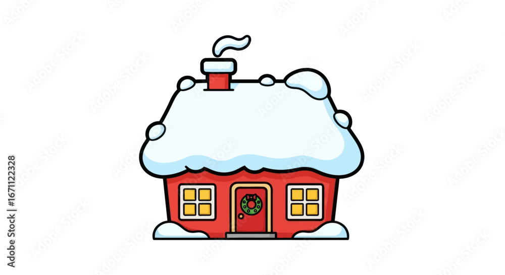 Obraz premium Whimsical winter abode illustration with snow-laden roof and chimney in cartoon style