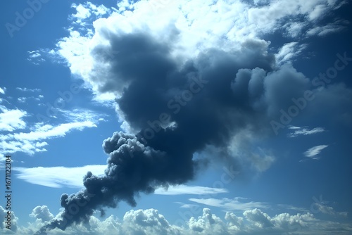 A bright blue sky partially obscured by a growing plume of gray smoke from an illegal waste fire