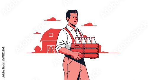 The Milkman Carrying Bottles Of Milk From The Farm Barn With a Modern Flat Style
