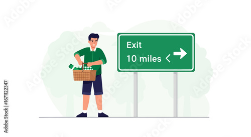 The Traveler Preparing For A Trip, Next Exit Is In 10 Miles, Vector Illustration