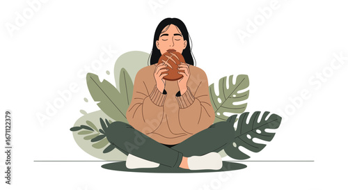 The Woman Savors Freshly Baked Bread In Front Of Lush Green Foliage Scene