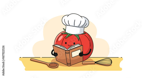 Tomato Chef Reading Cookbook Preparing Delicious Dishes And Culinary Creations