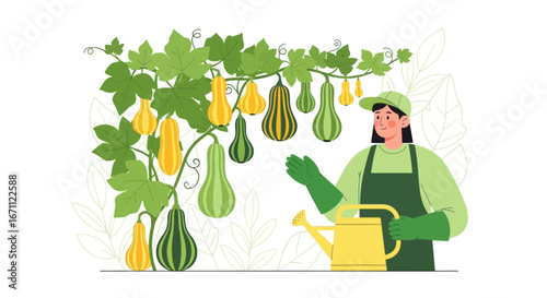 Woman Gardening and Appreciating the Fresh Harvest on the Vine