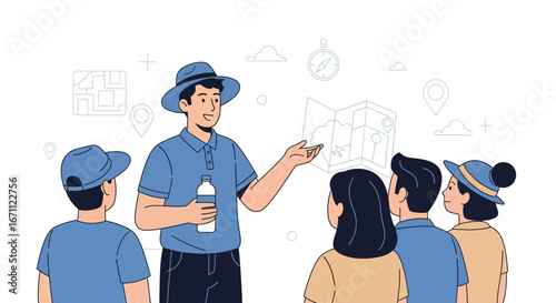 Tour Guide Explaining Map To Group Of Tourists During Daylight In Vector Style