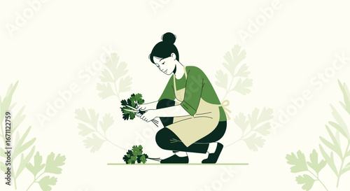 Woman Harvesting Fresh Herbs and Greens for Culinary Purposes in Minimalist Illustration