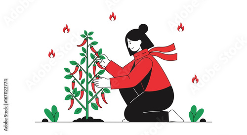Woman Harvesting Fresh Chili Peppers From A Fiery Plant Cultivating Garden Scene Illustration