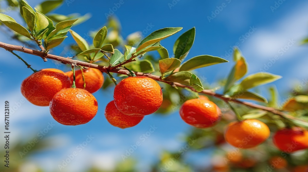 Obraz premium Fresh mandarins on branch against a vibrant blue sky