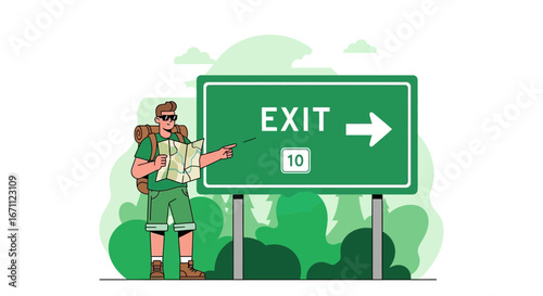 Traveler Examining Map Near Exit Sign in Green Environment Finding Direction