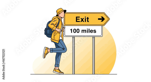 Traveler Finding Exit Sign Shows Journey, Exploring Adventure, Long Way Ahead Destination