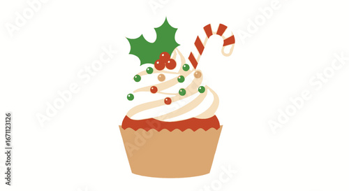 Festive cupcake delight with candy cane and holly decoration for Christmas season