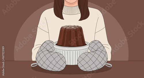 Woman Holding Baked Dessert With Oven Mitts After Cooking, Ready to Serve and Enjoy.
